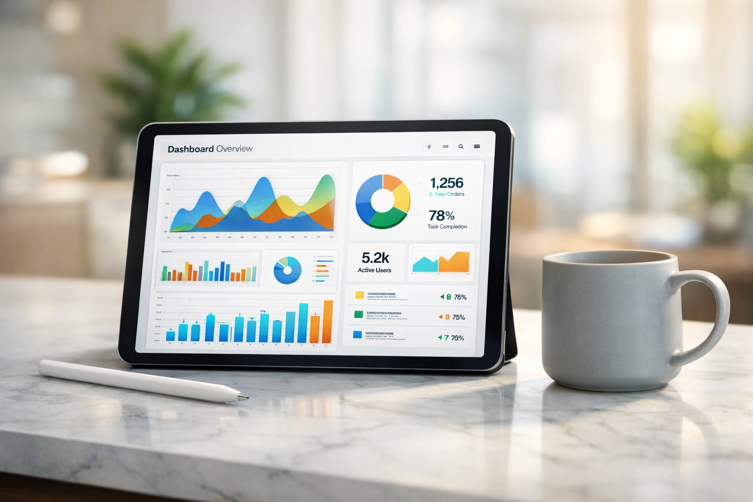 A unified service bureau dashboard on a tablet showing E-file status and tax business performance metrics.