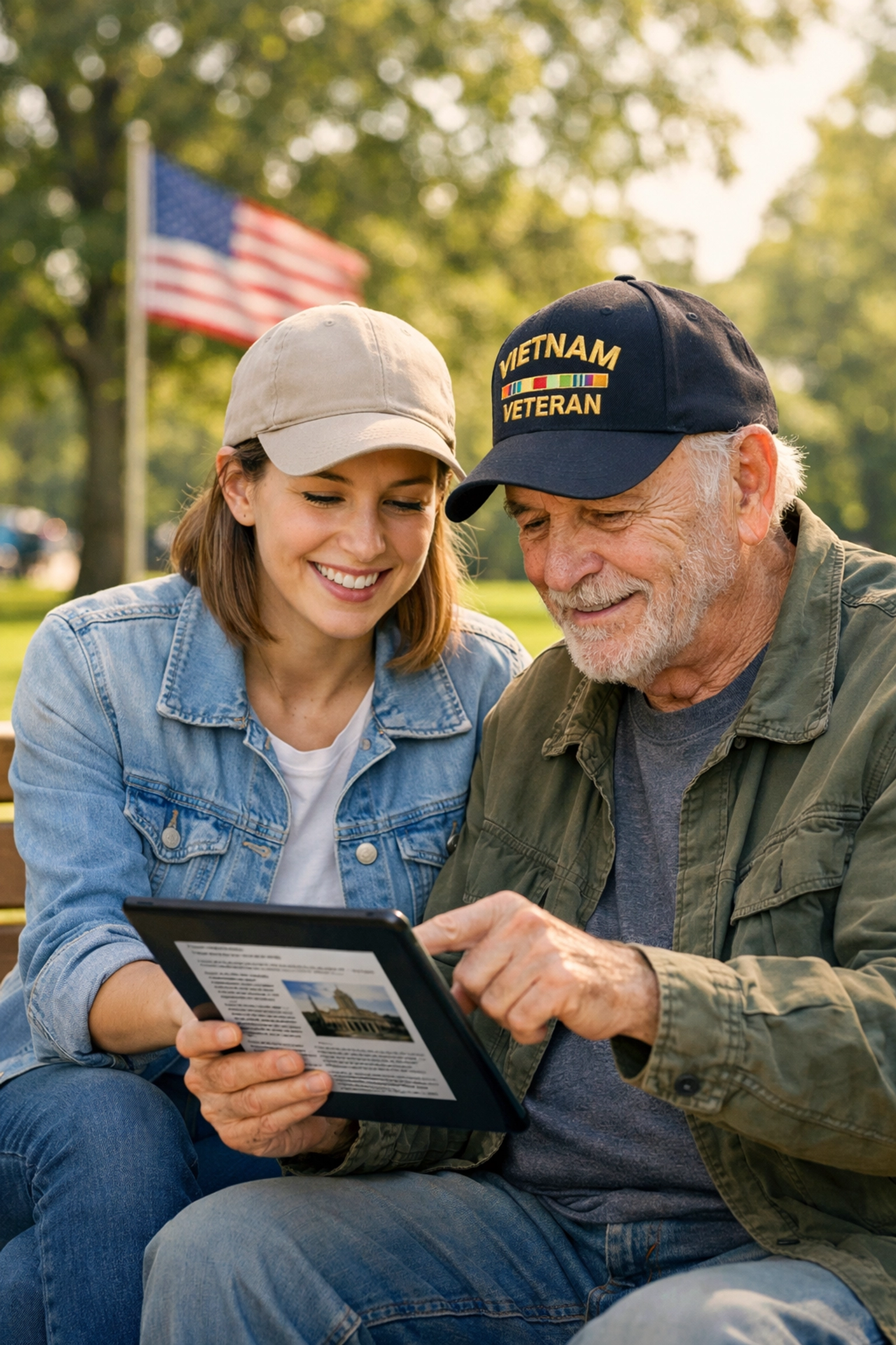 Boost Your Civic Knowledge Instantly with These 5 Daily Press Release Tips A young woman and a veteran stay informed on civic updates and veteran initiatives using a tablet.