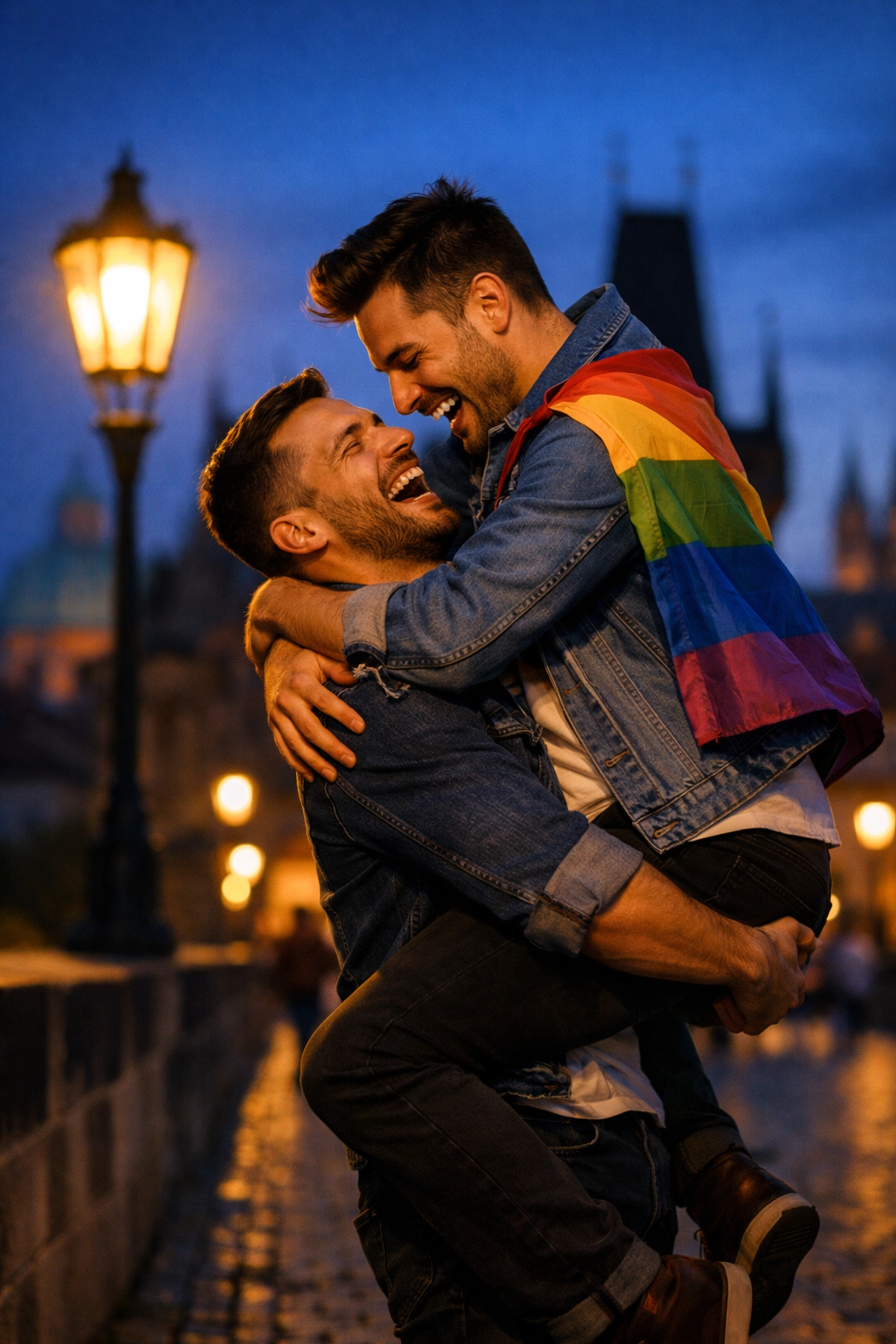 Happy gay couple embracing in historic Prague, celebrating legal progress and registered partnerships.