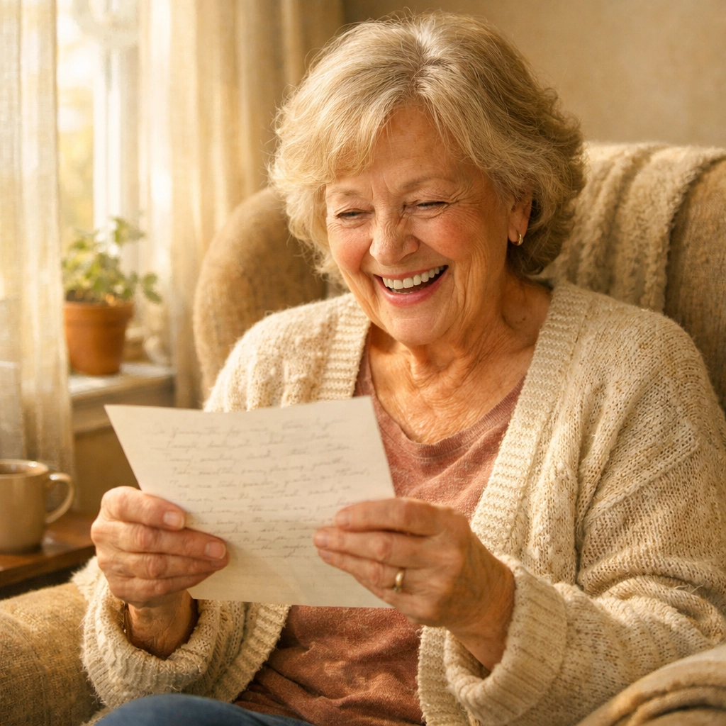 Happy homebound senior reading pen pal letter by sunny window