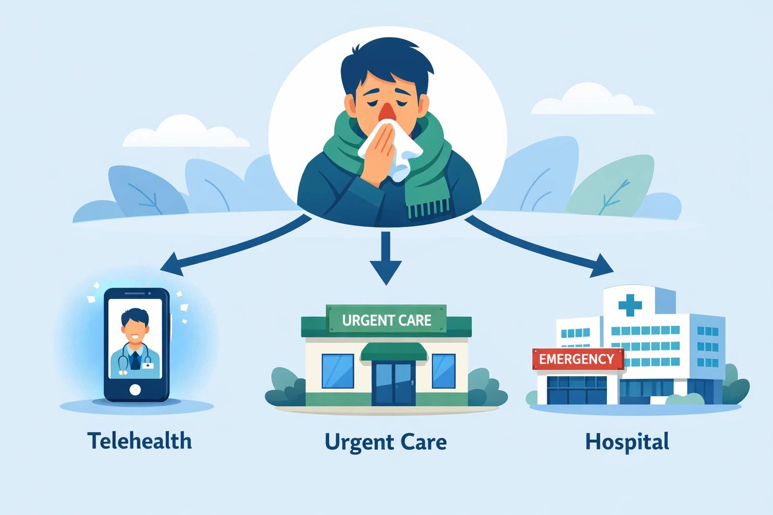 Healthcare decision guide comparing telehealth, urgent care, and emergency room options