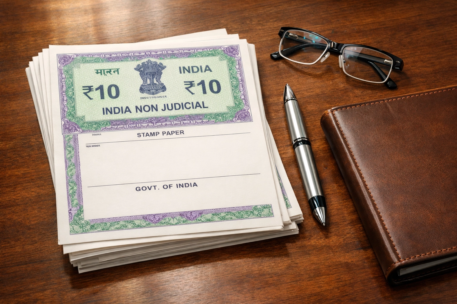 Official Indian non-judicial stamp papers and legal documents ready for property registration filing.