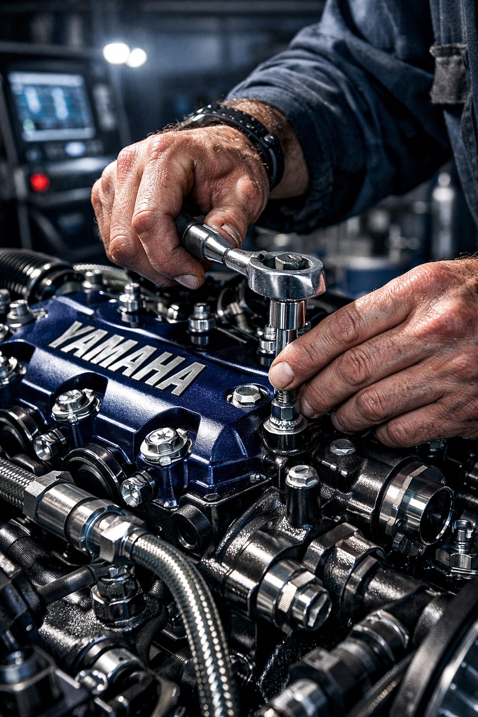 Certified technician performing Yamaha boat engine service and repairs in Oklahoma City.