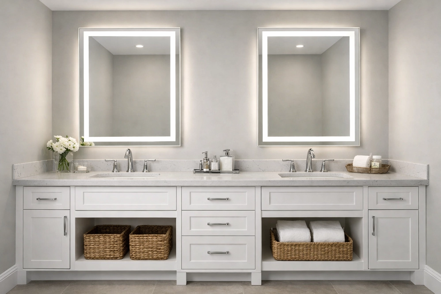 Double vanity bathroom with white cabinets and quartz countertops for Orlando homebuyers