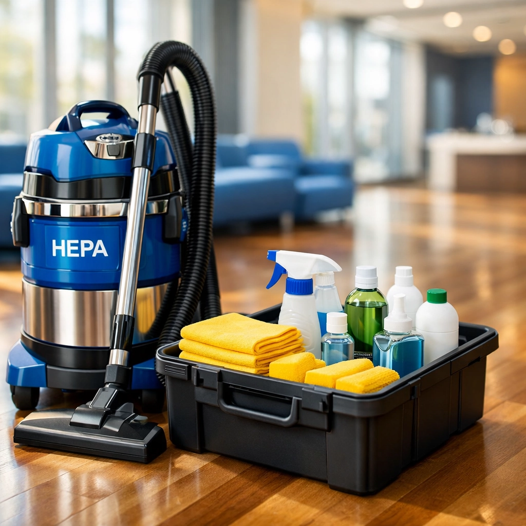 Industrial HEPA vacuum and professional cleaning equipment used for post-construction cleaning MA missions.