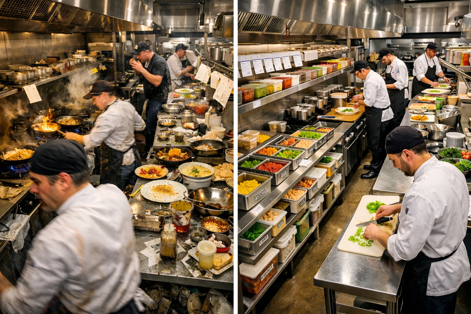 Before and after comparison showing restaurant kitchen transformation from chaos to organized efficiency