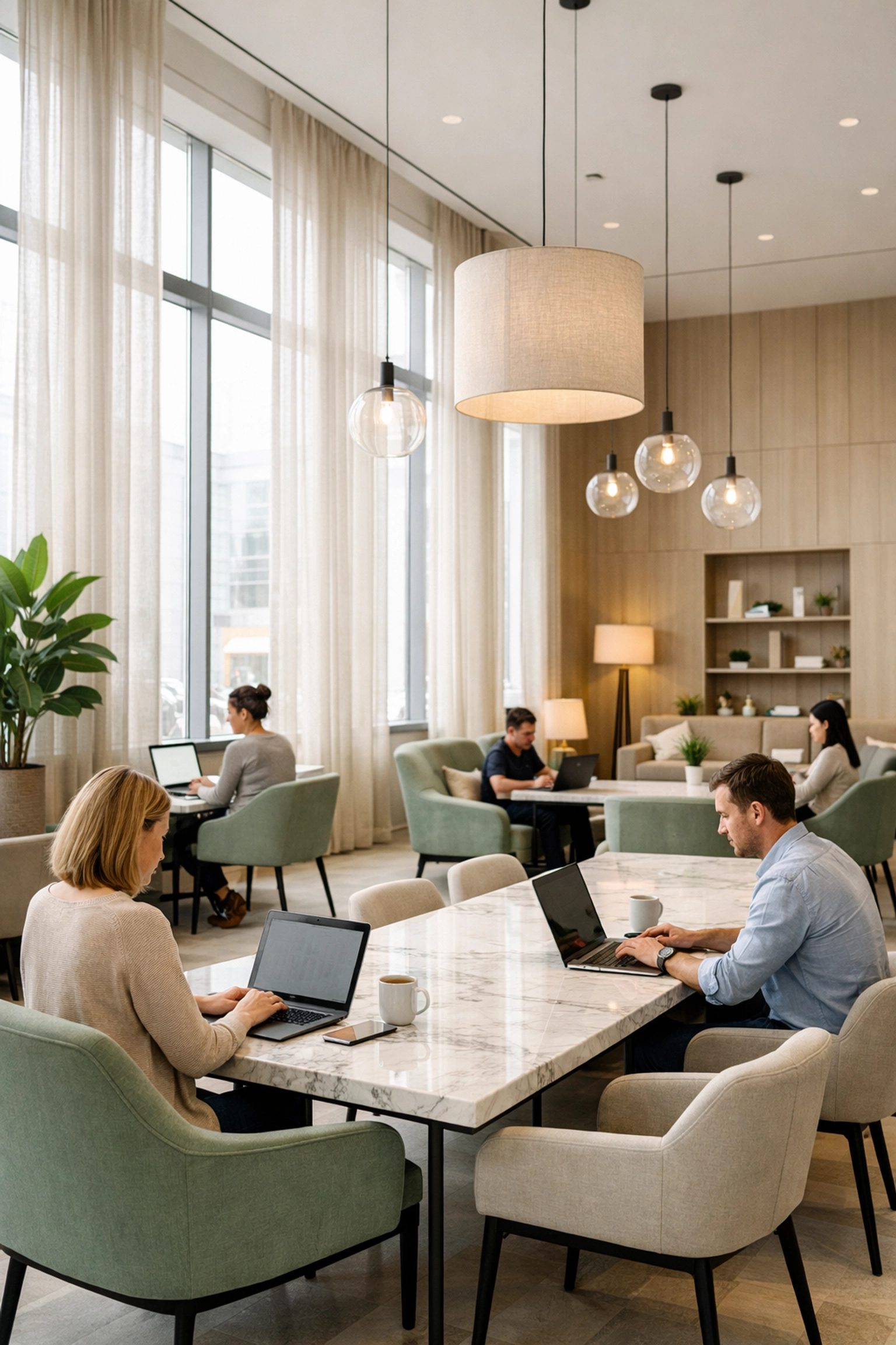 Modern hotel lobby transformed into a sophisticated co-working space with natural light.