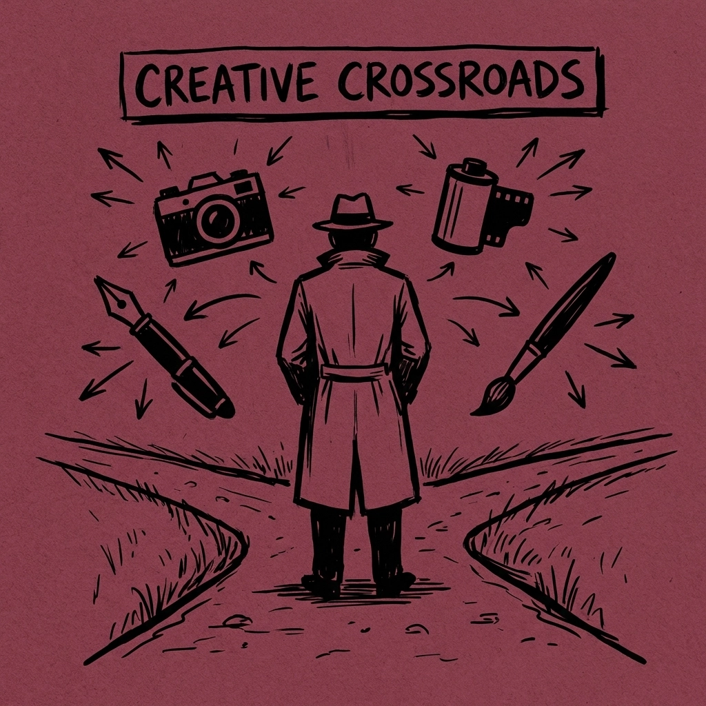 Illustration of a creator at crossroads with symbols for photography, writing, filmmaking, and art, highlighting IncluHub's diverse creator connections.