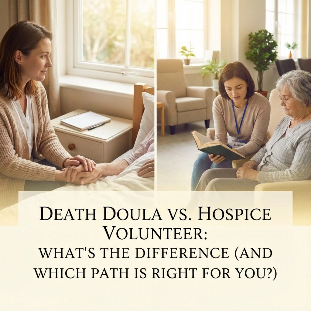 Death doula comforting a senior woman