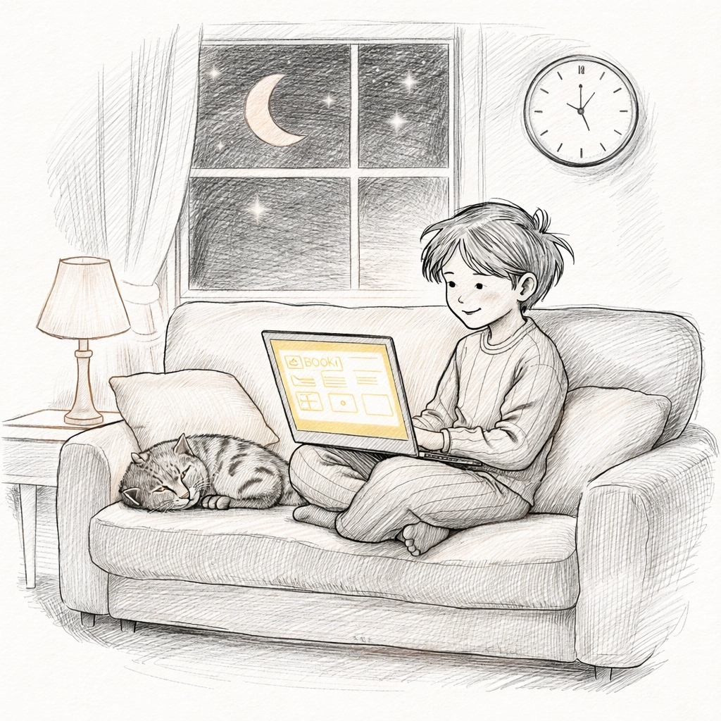 Illustration of a person booking a service online late at night, showing 24/7 online booking convenience for small business websites.
