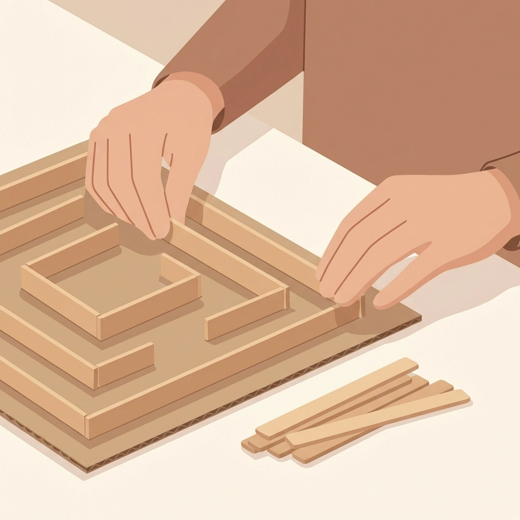 Hands placing wooden sticks onto a cardboard maze base, demonstrating the construction process