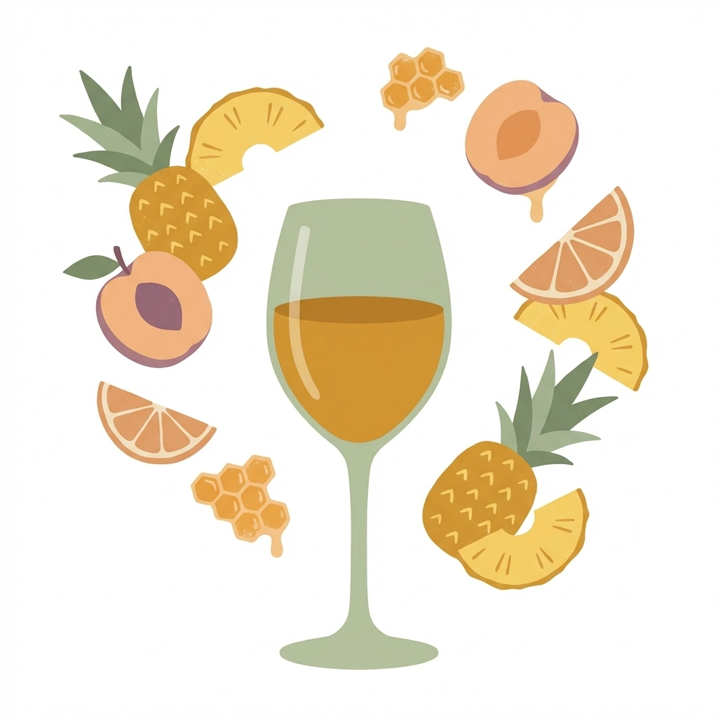 Glass of golden Petite Manseng wine surrounded by illustrated pineapple, apricot, citrus, and honey flavor notes.