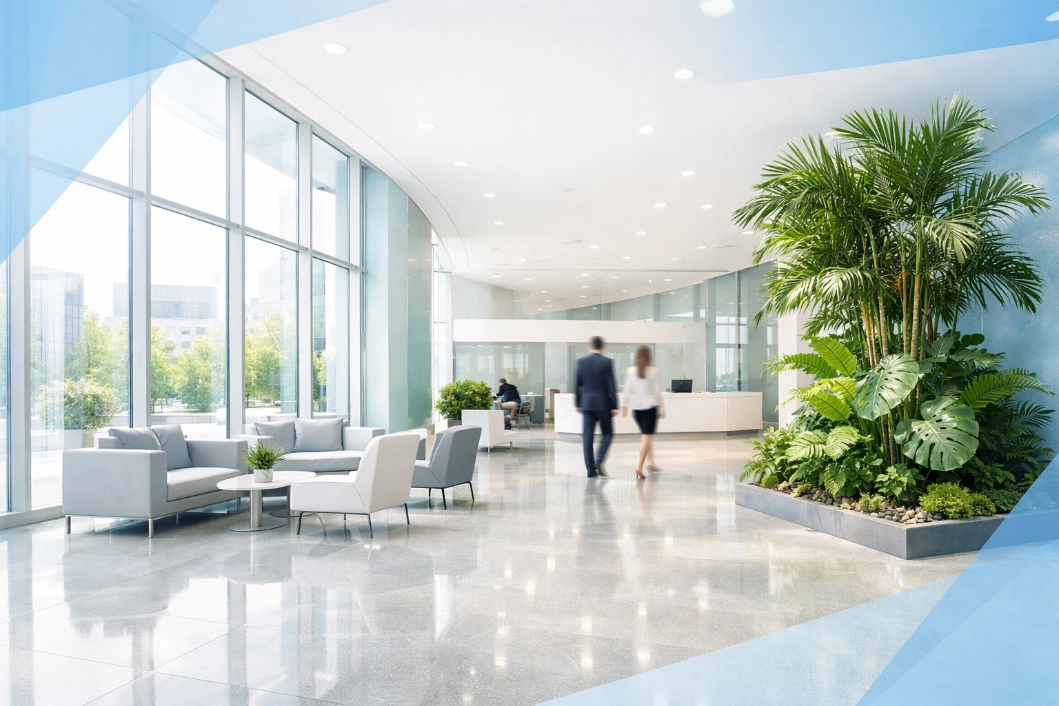 Pristine office lobby with polished floors, showing the results of professional office cleaning in Cedar Falls.