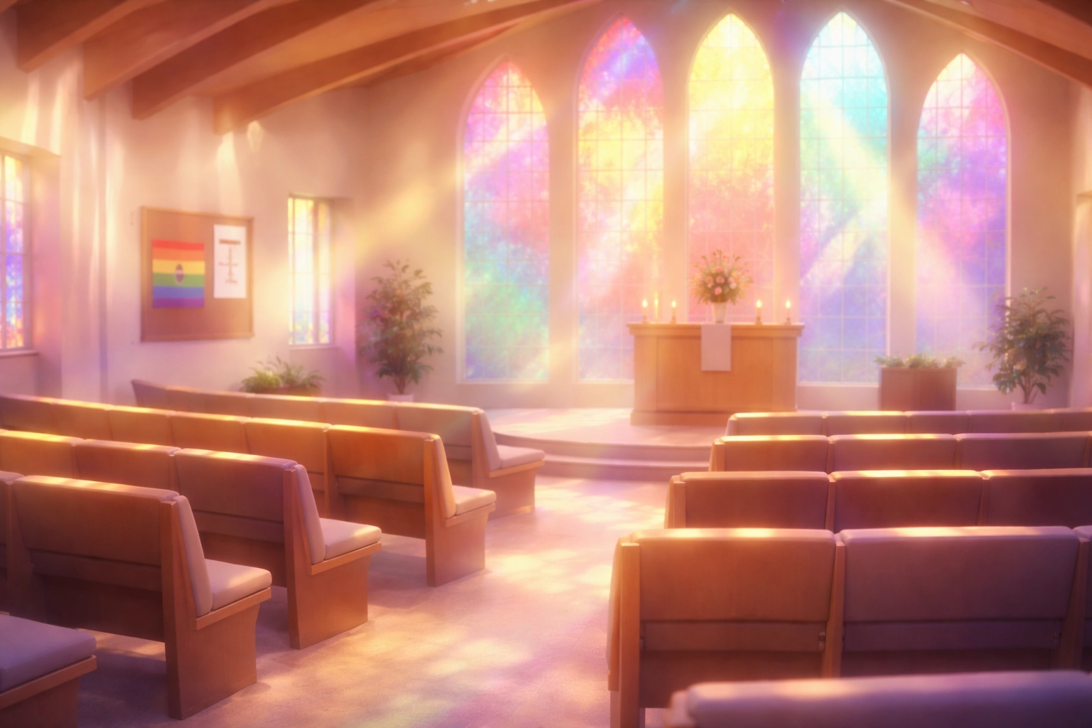 Welcoming modern church interior with pride flag and rainbow stained glass celebrating LGBTQ inclusion