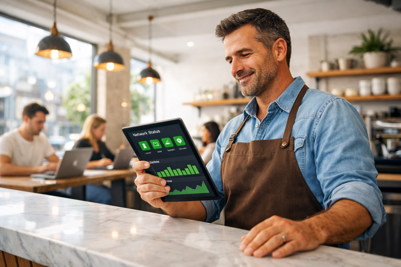 Cafe owner using a network dashboard for proactive monitoring of guest Wi-Fi and business connectivity.