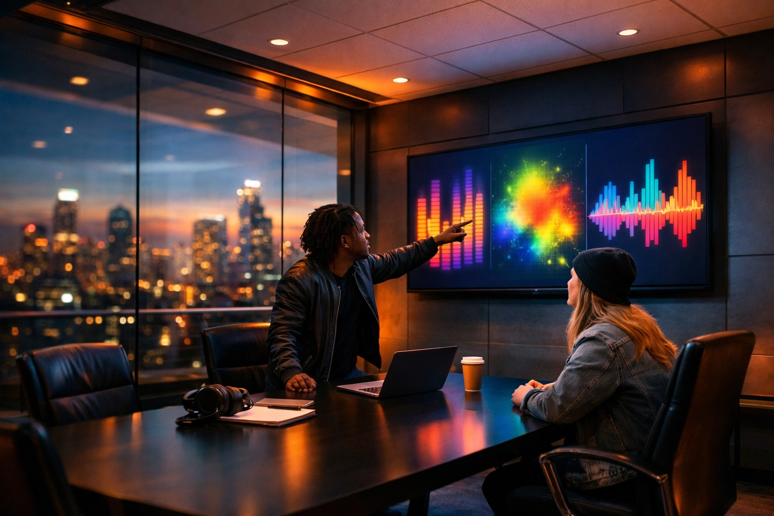 Music marketing experts in a virtual war room analyzing data to scale an independent artist's career.