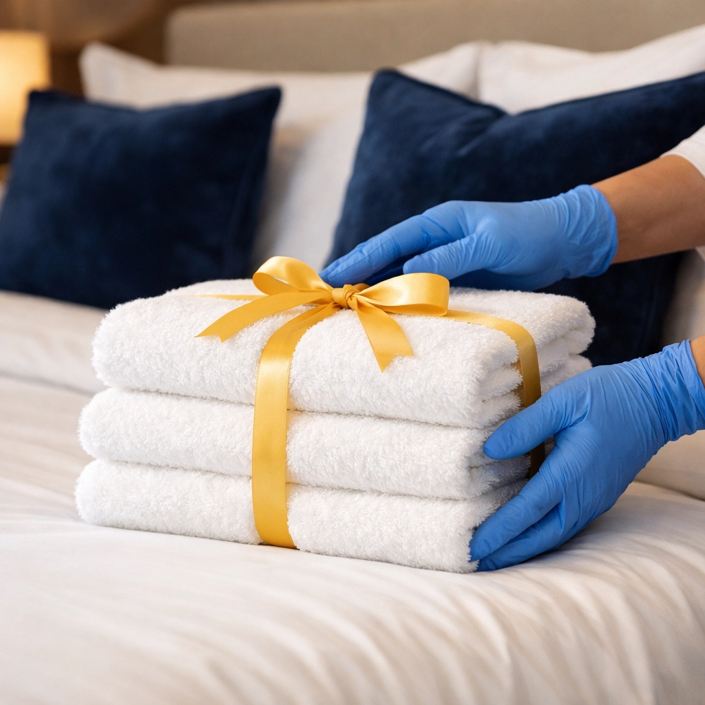 Expert professional cleaners Newton MA providing detail-oriented residential cleaning with fresh towels in a luxury bedroom.