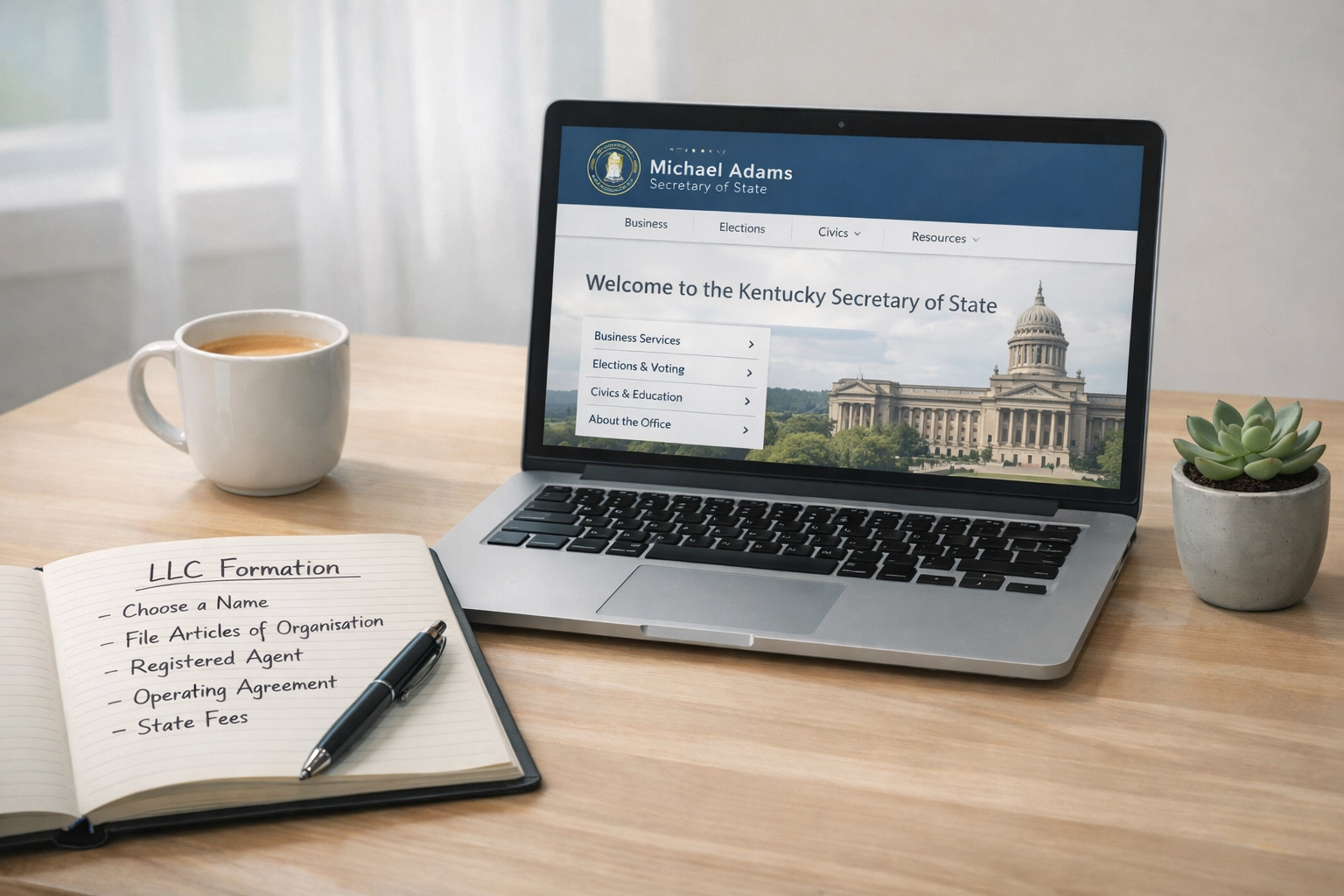Kentucky LLC registration workspace with laptop showing Secretary of State website