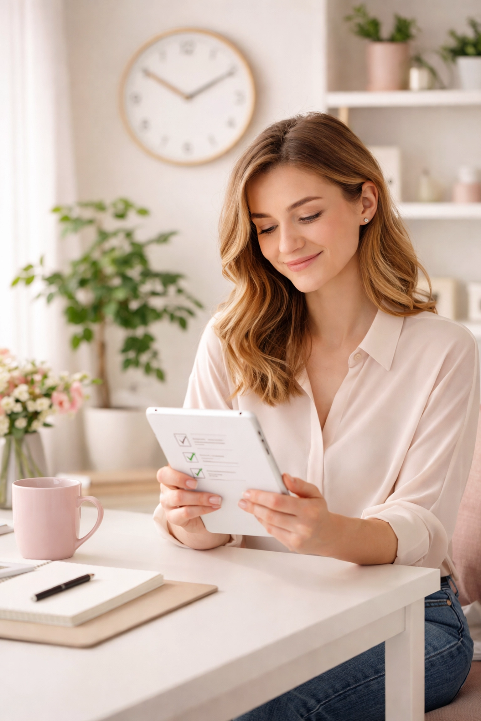 Young woman reviewing a checklist at a cozy home office, highlighting productivity and stress-free task management