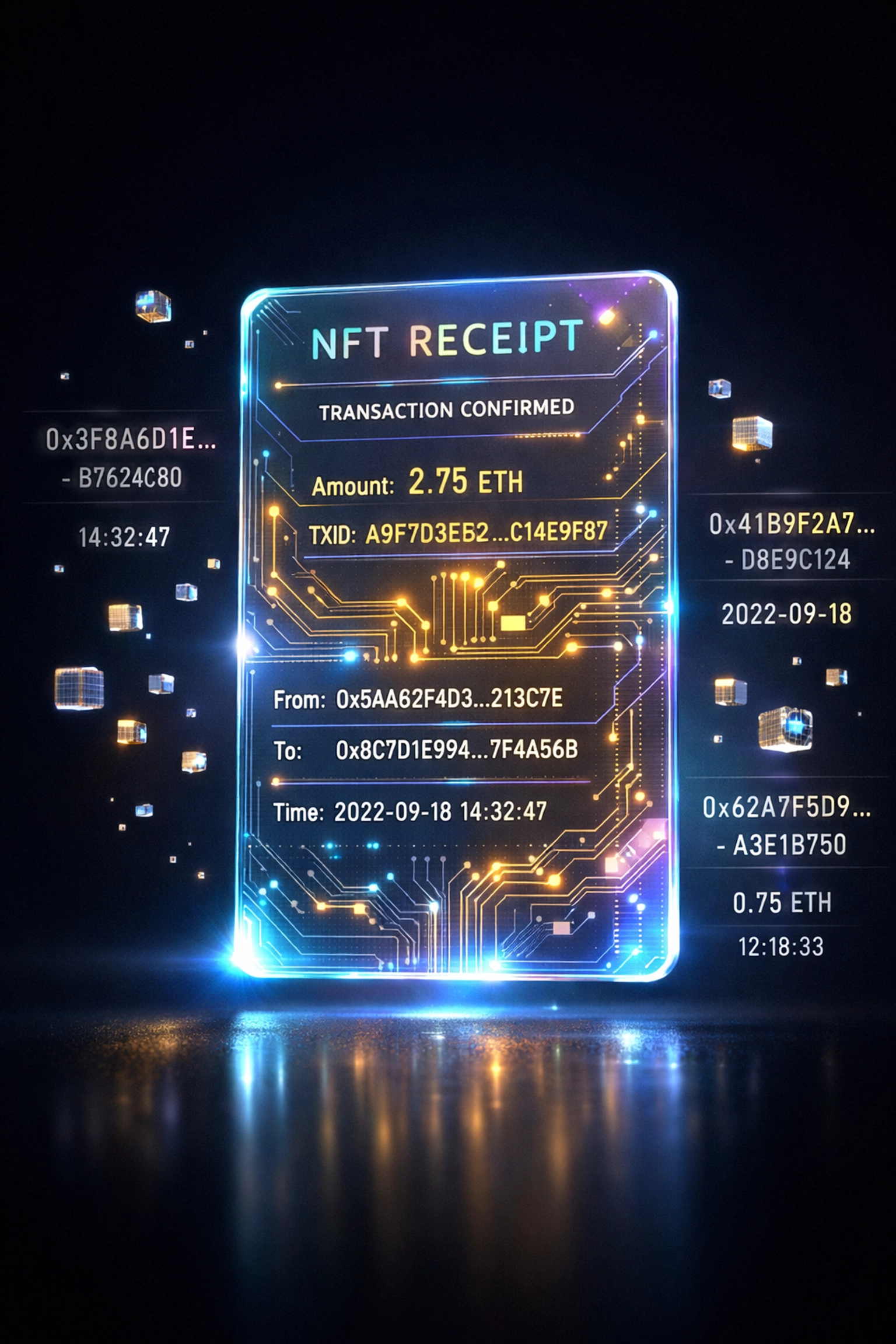 NFT receipt with blockchain transaction data and immutable proof-of-payment verification