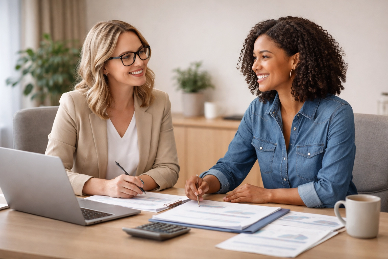 Bookkeeper and client having a collaborative meeting emphasize friendly, professional bookkeeping support.