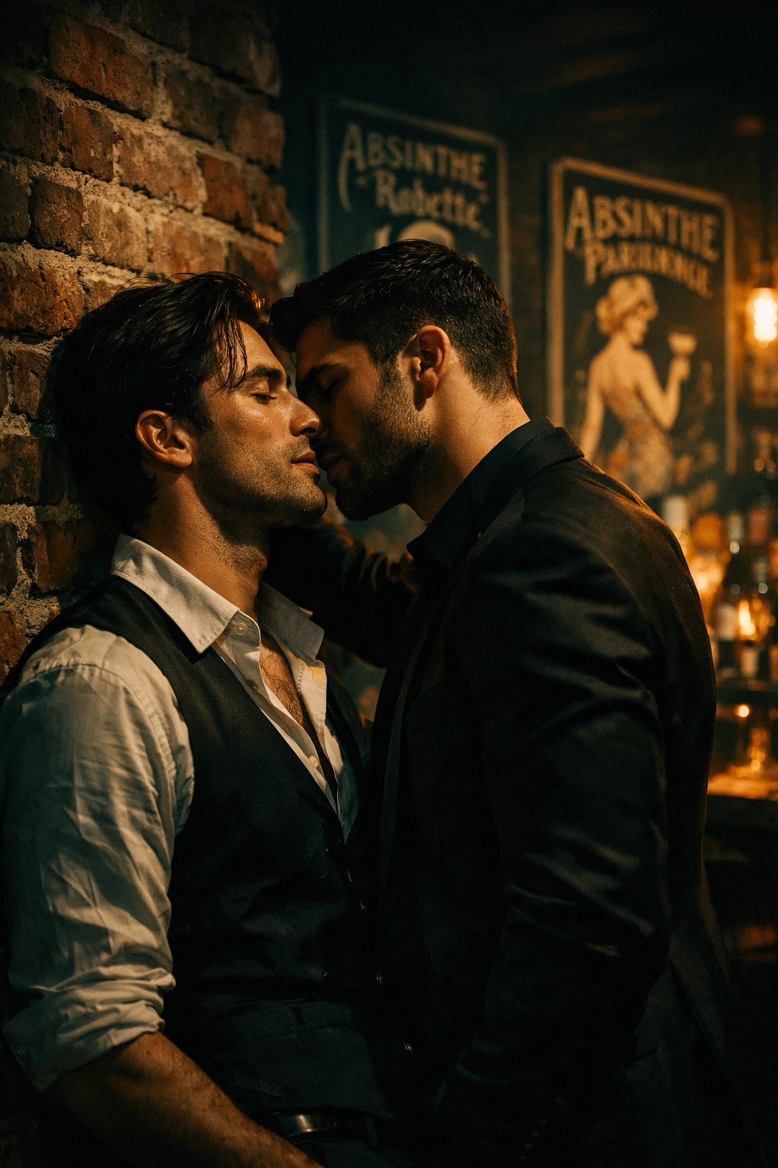 Intimate pre-kiss moment between men in vintage bar - LGBTQ+ romance and desire