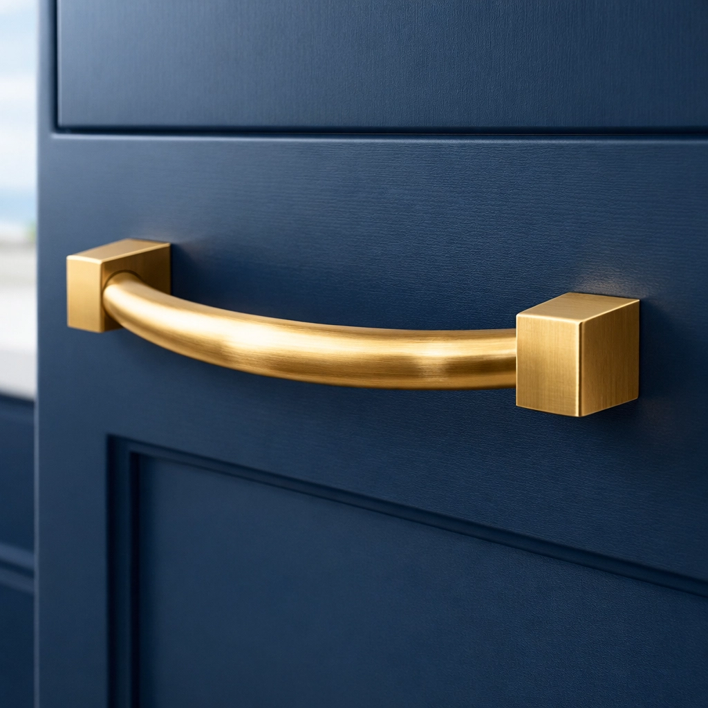 Smudge-free gold cabinet hardware in a Duxbury luxury kitchen cleaned by professional home cleaners.