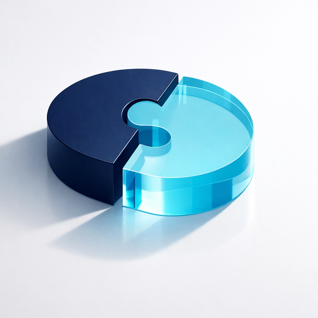 Interlocking blue shapes representing a seamless business and bookkeeping partnership.