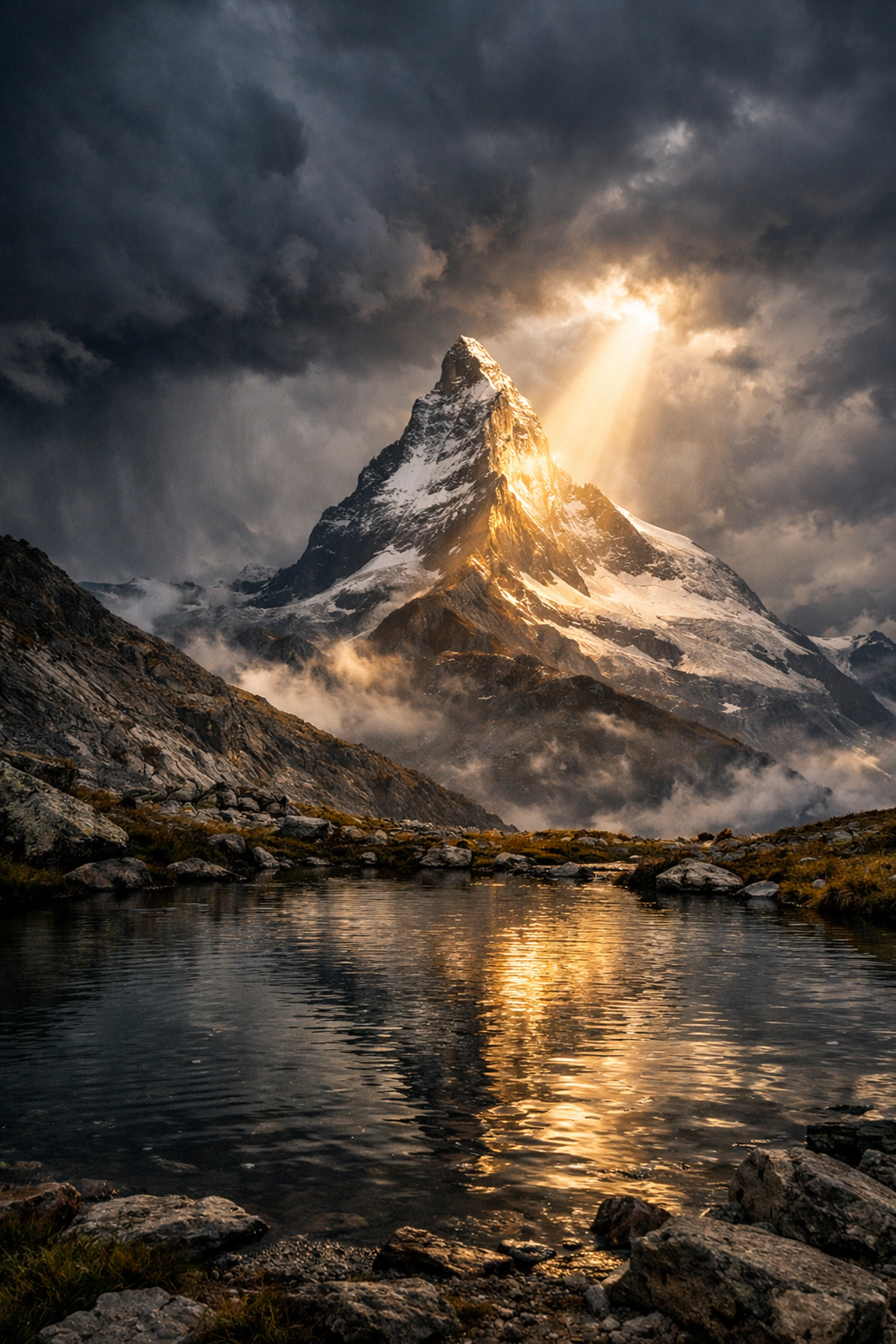 Sunlight hitting a mountain peak after a storm, following landscape photography tips for dramatic weather.