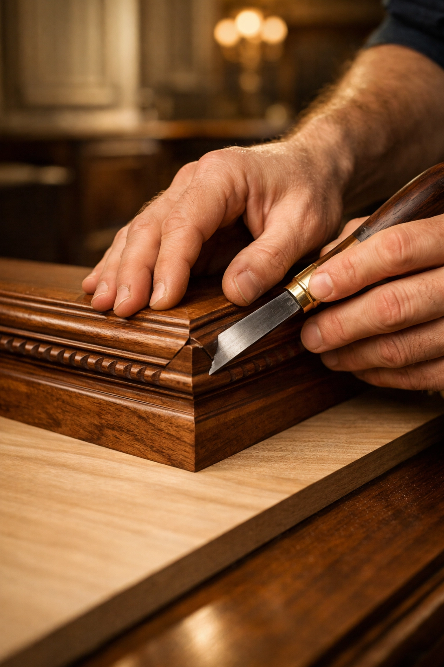 Expert craftsman installing precision wood trim in a tidy, organized Columbia SC custom home interior.