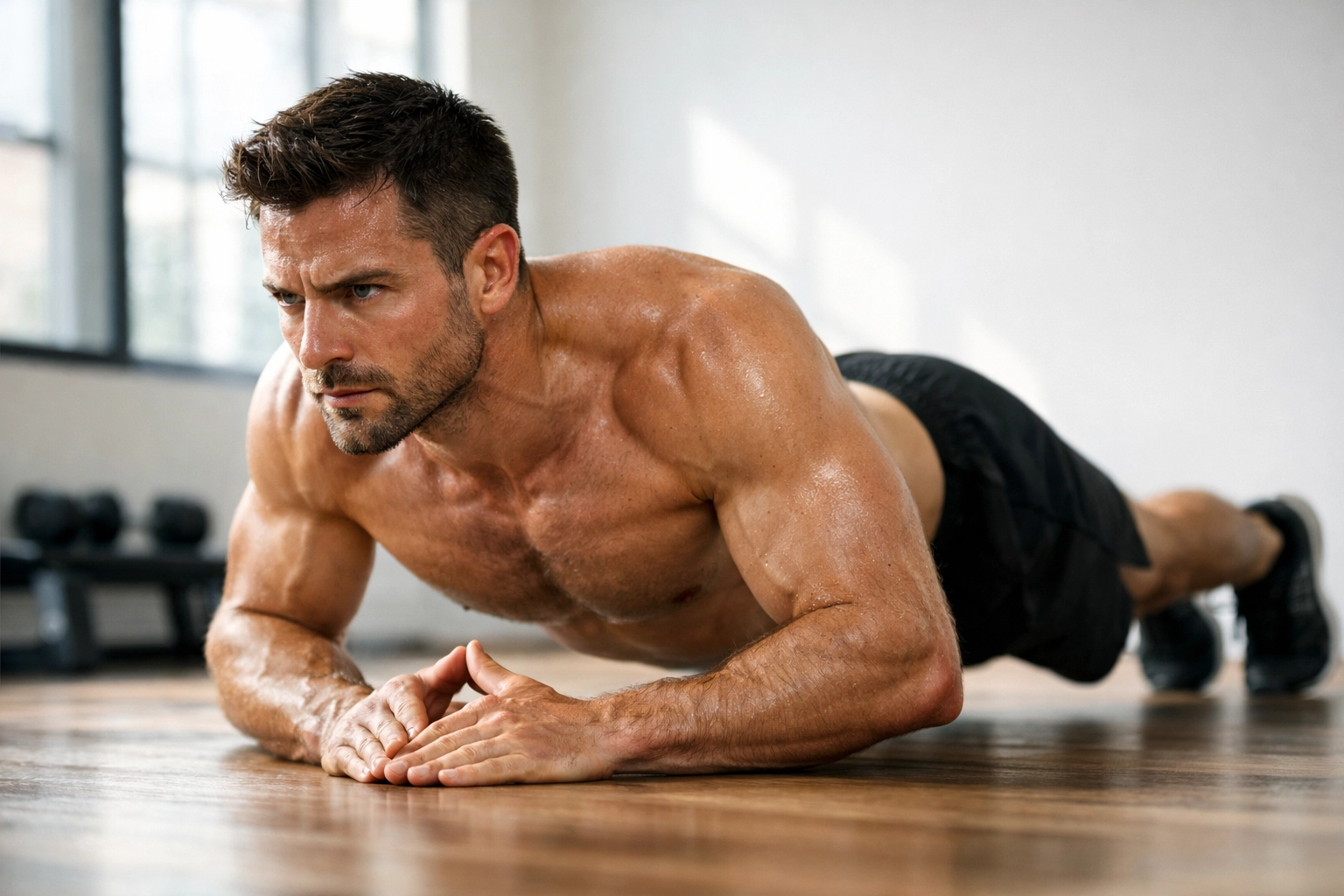 Athlete demonstrating diamond push-up form for bodyweight training at home