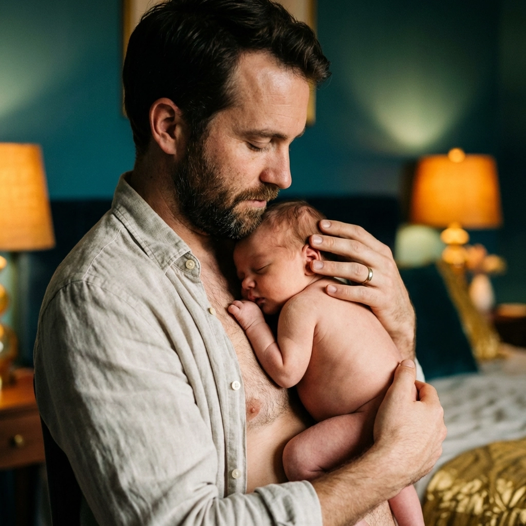 A bearded gay father tenderly cradling his newborn, representing soft masculinity and the Maddy parenting label.