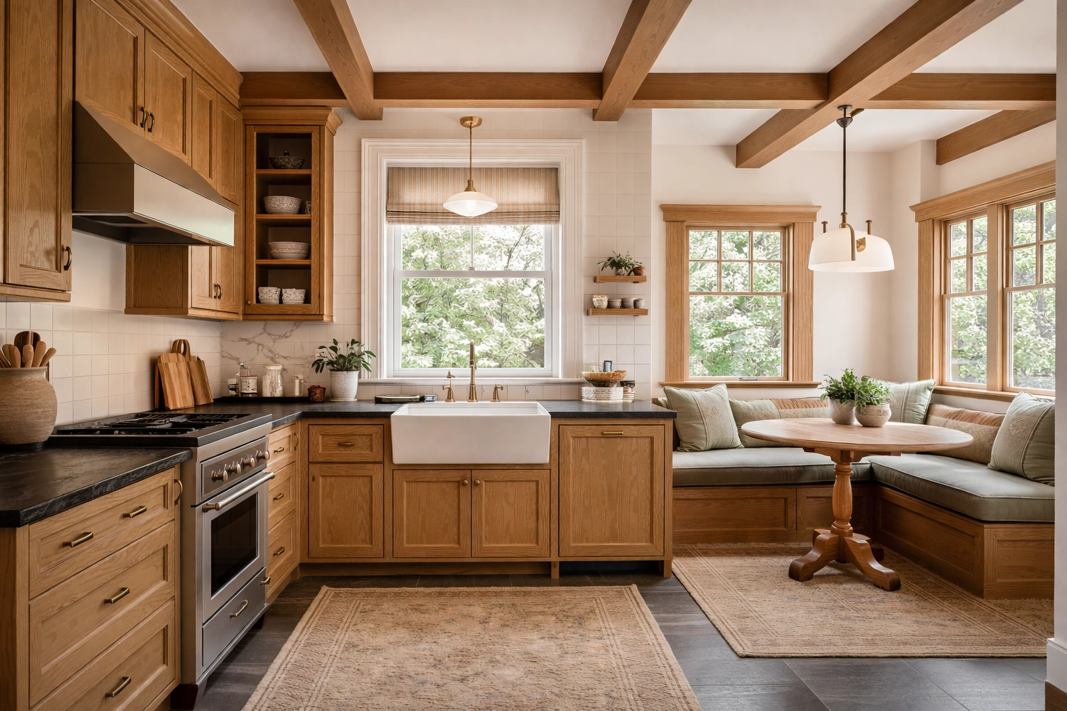 High-end remodeled Craftsman bungalow kitchen in Port Townsend blending heritage details with modern practical luxury—custom cabinetry, artisan tile, and warm natural light.