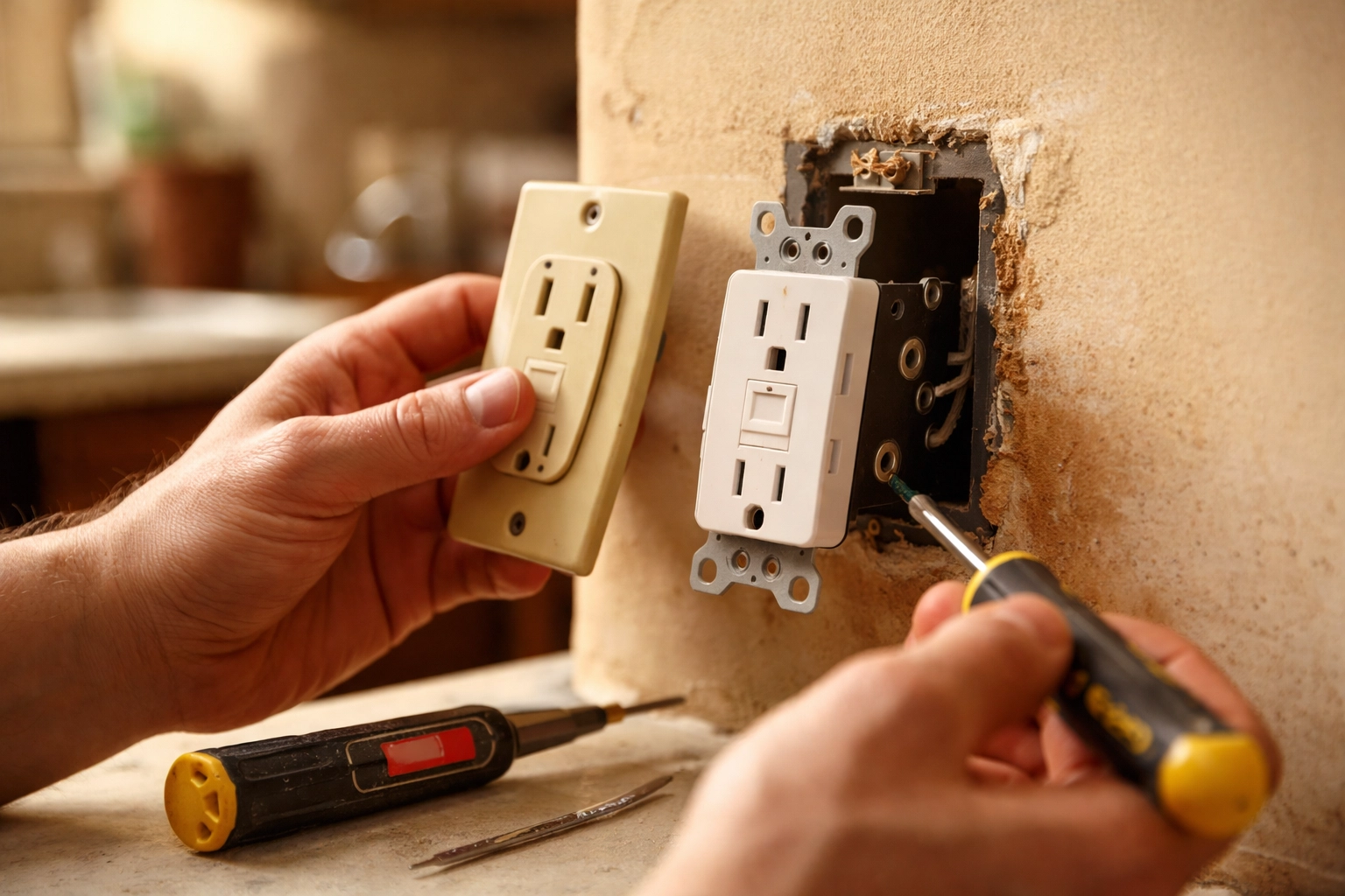 Electrician upgrading two-prong outlet to safer GFCI in vintage Dearborn kitchen