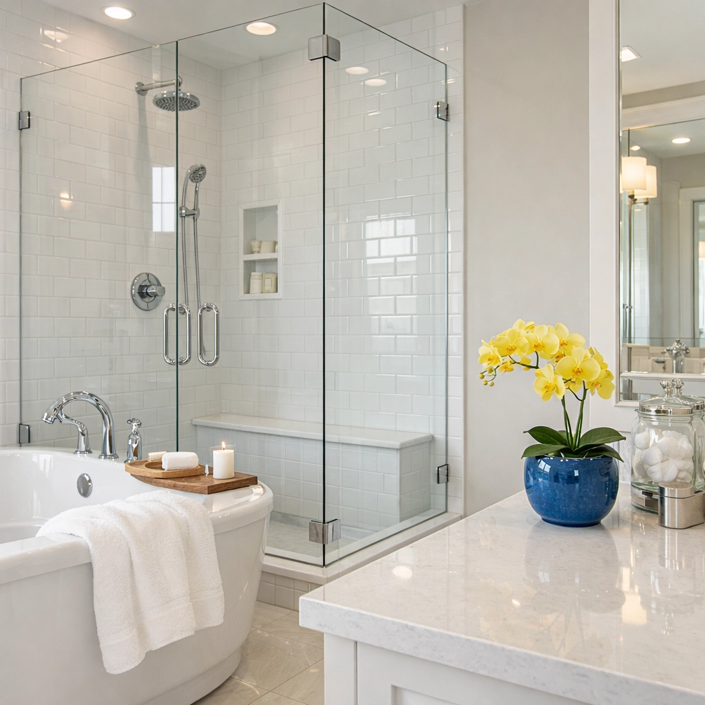 Gleaming luxury master bathroom with pristine tile work, showcasing deep cleaning MA results for homeowners.