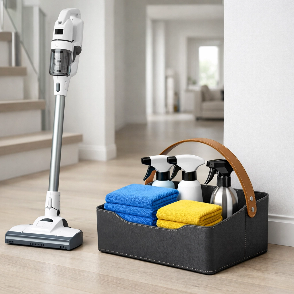 Professional cleaning tools and vacuum ready for high-quality house cleaning services in Lowell.