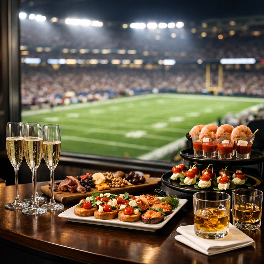 Elite Super Bowl corporate hospitality suite with gourmet catering and premium views for executive networking.