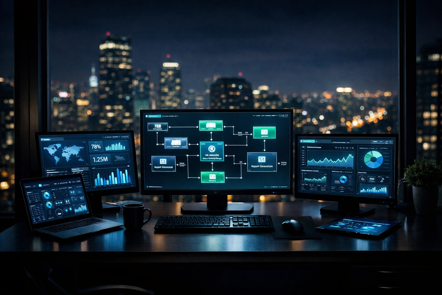 AI Integration Services Explained in Under 3 Minutes: What Every Small Business Owner Should Know 3 Automated workflows running on business dashboards at night showing 24/7 AI efficiency