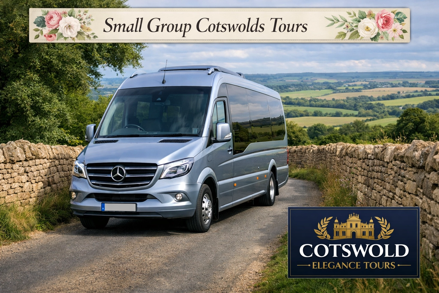 Small group tour in a Silver Blue Mercedes minibus navigating narrow winding roads in the Cotswolds.