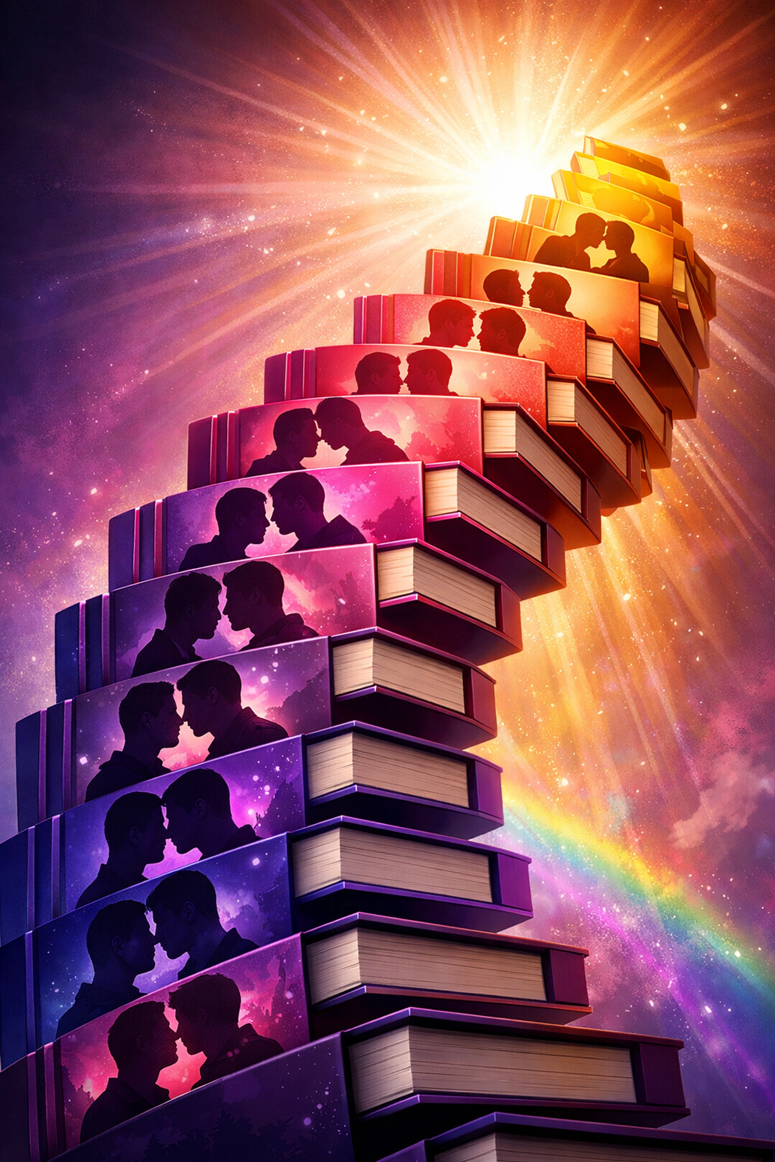 Ascending stack of MM romance books symbolizing indie author career growth