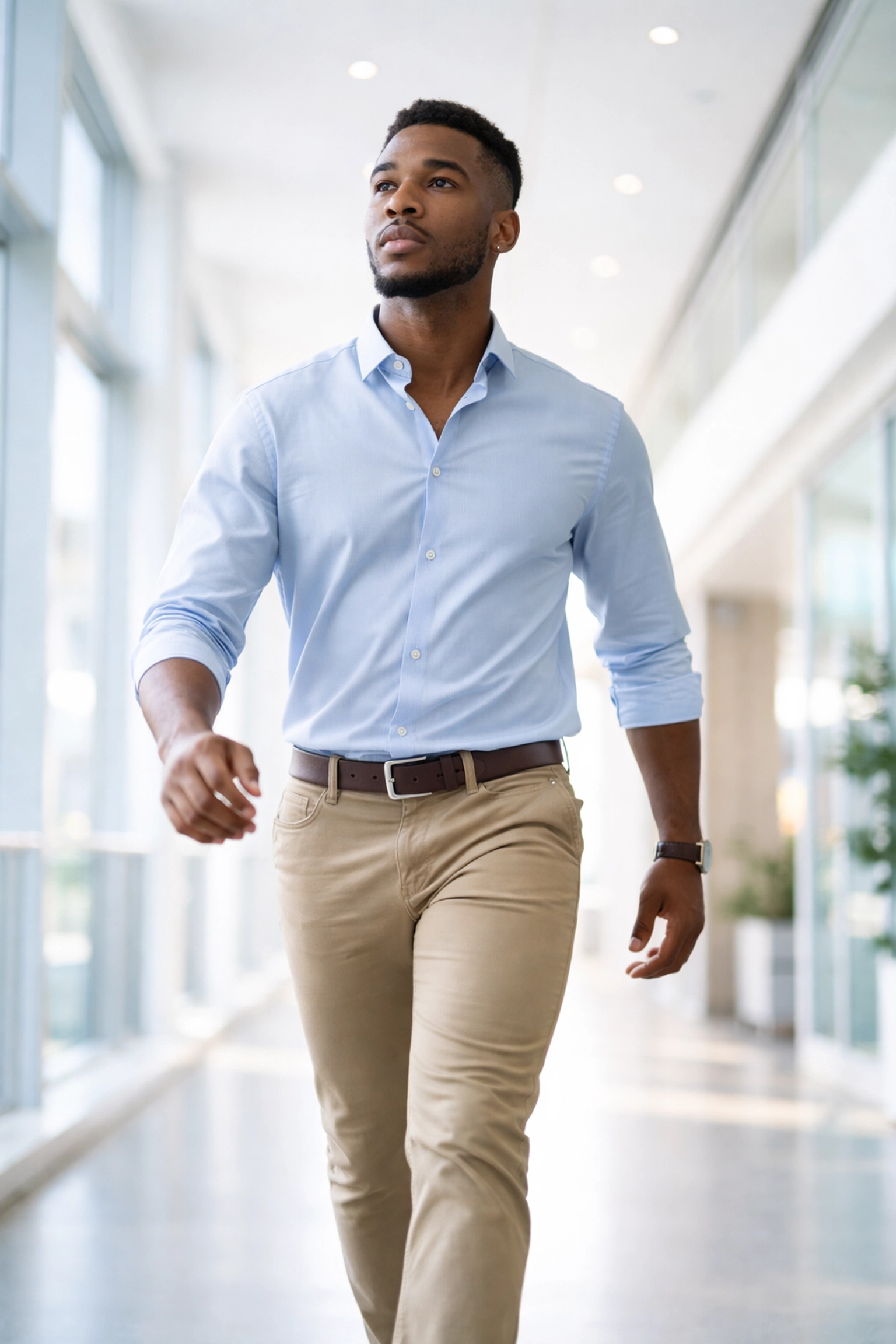 Professional taking action in office corridor, demonstrating how movement creates afternoon motivation