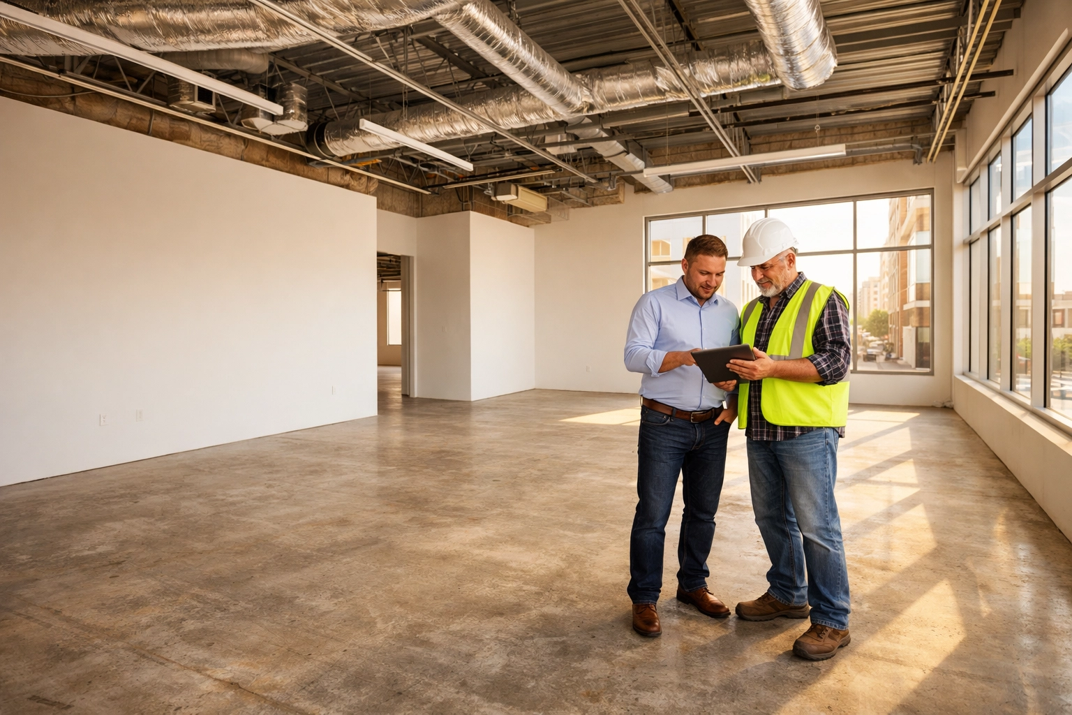 Commercial contractor and business owner reviewing upfit plans in empty shell space