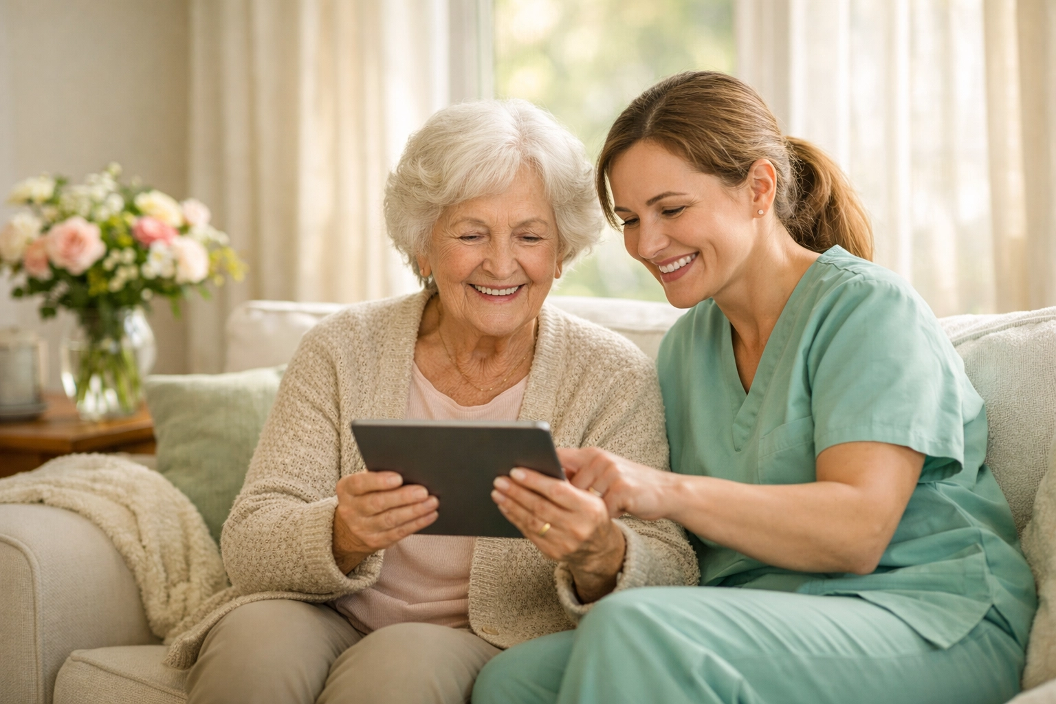 Elderly woman and caregiver reviewing care options together in a comfortable home
