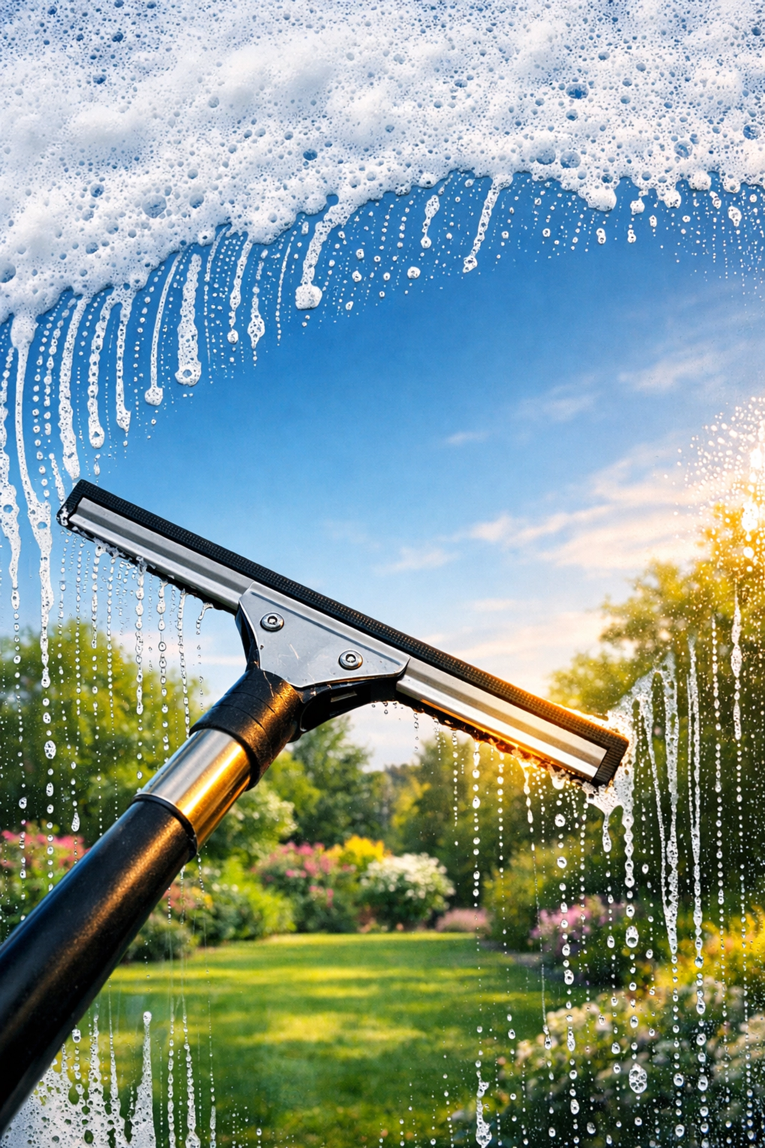 Handheld squeegee cleaning a soapy glass window to achieve a streak-free professional finish.