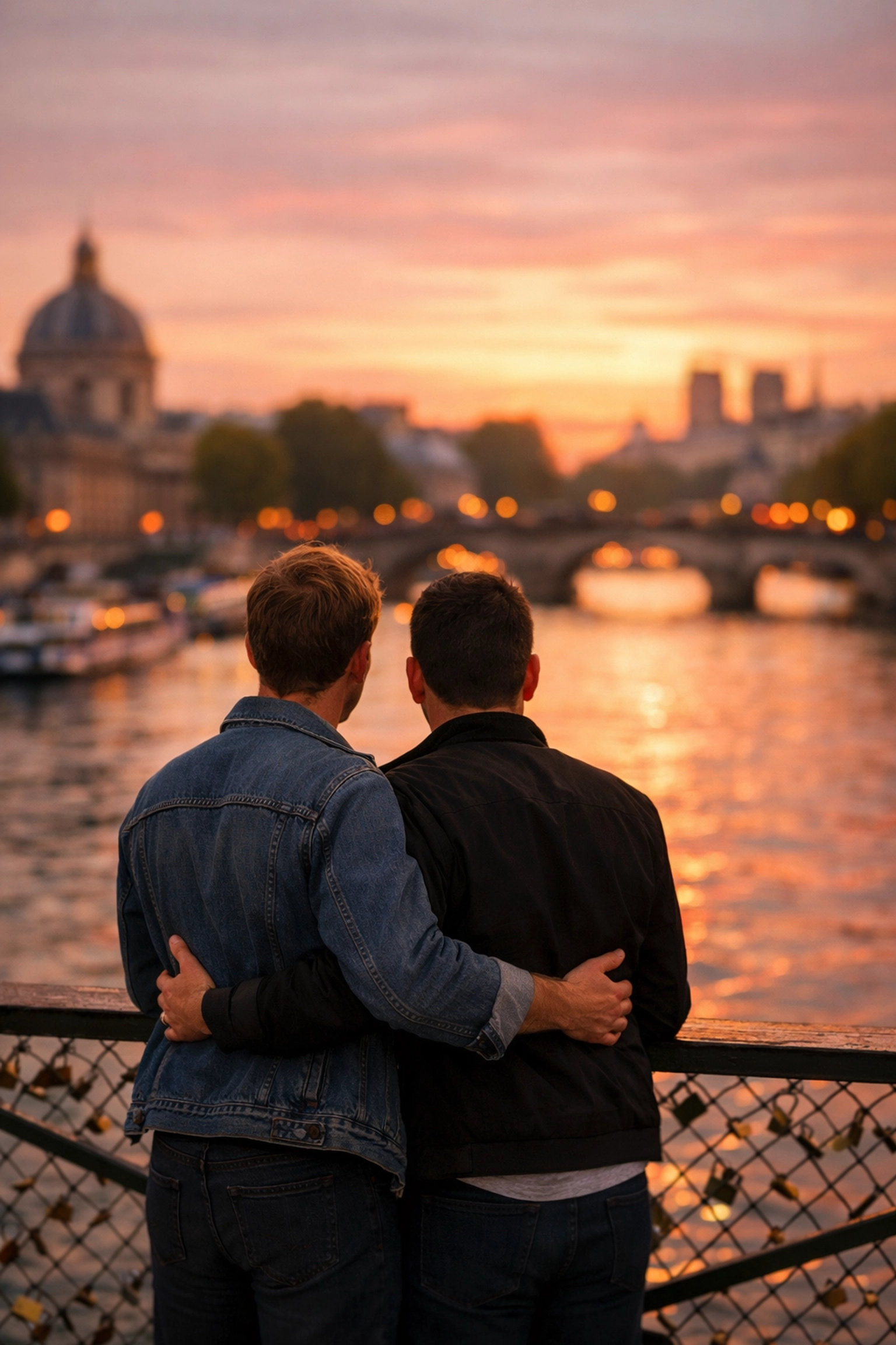Two men embracing on Pont des Arts bridge at sunset celebrating visible LGBTQ+ love in Paris