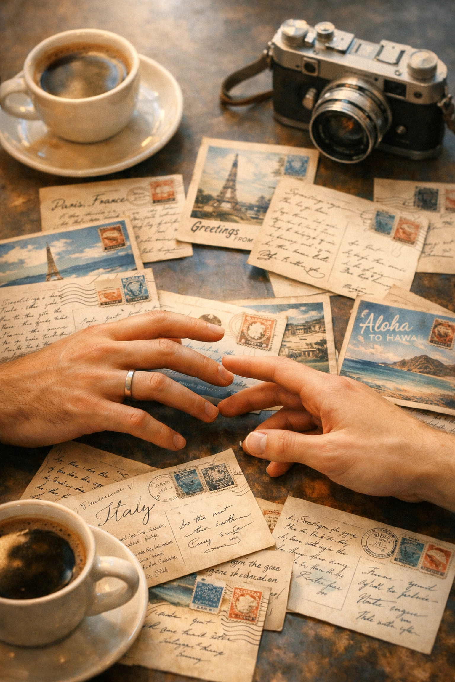 Two men's hands reaching across café table with travel postcards, MM romance and longing