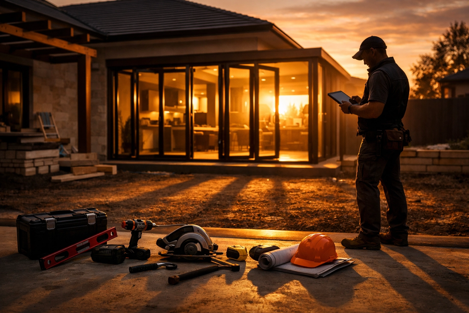 A tidy construction site in West Sussex featuring bi-fold doors and professional site management.