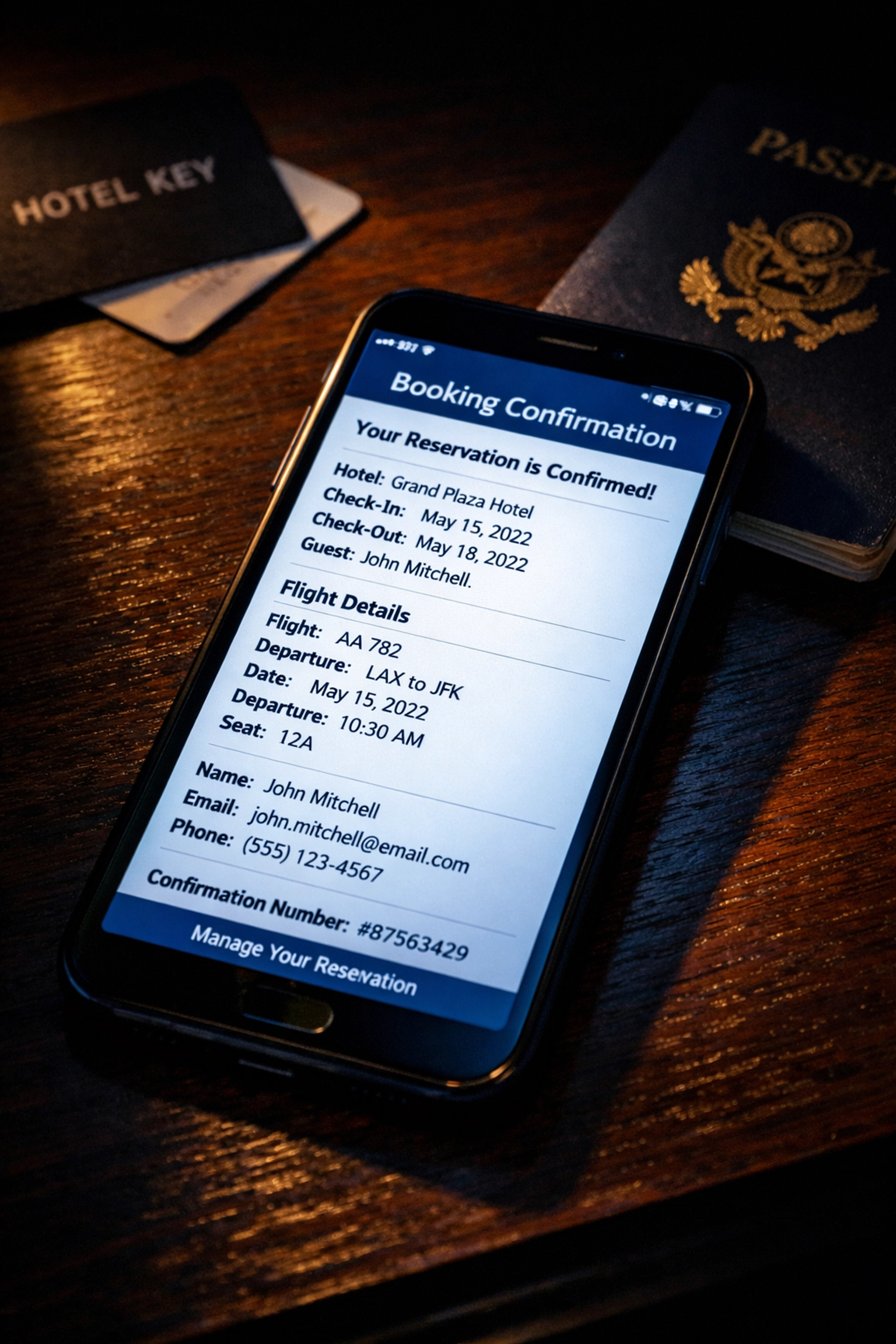 Hotel booking confirmation on smartphone revealing personal travel details and arrival information