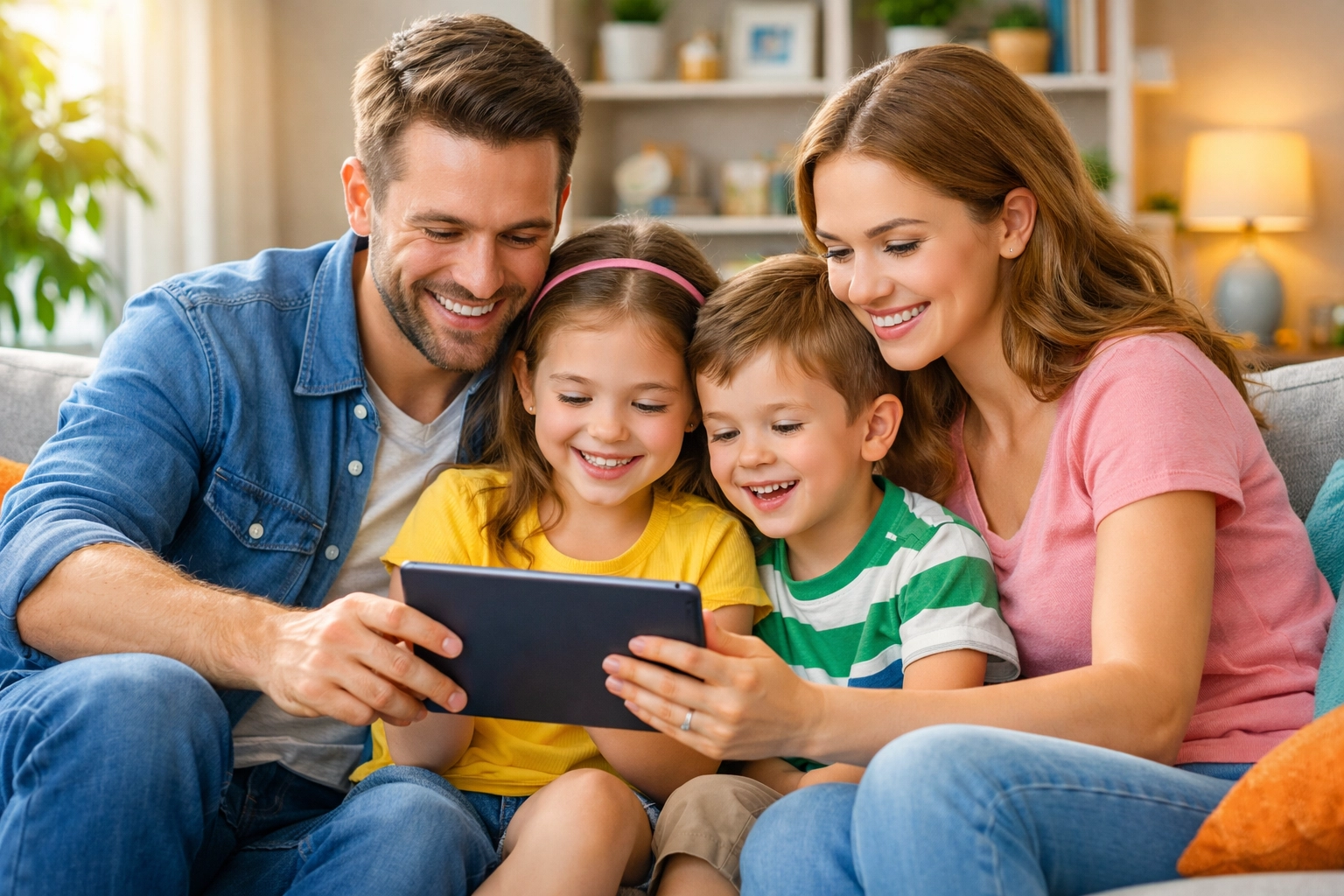 A happy family using a tablet together for safe online church content and spiritual connection at home.