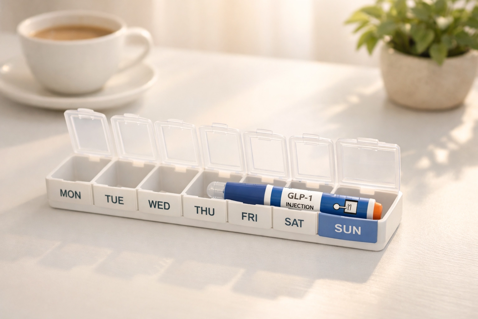 Weekly GLP-1 medication planner showing convenient once-weekly dosing schedule